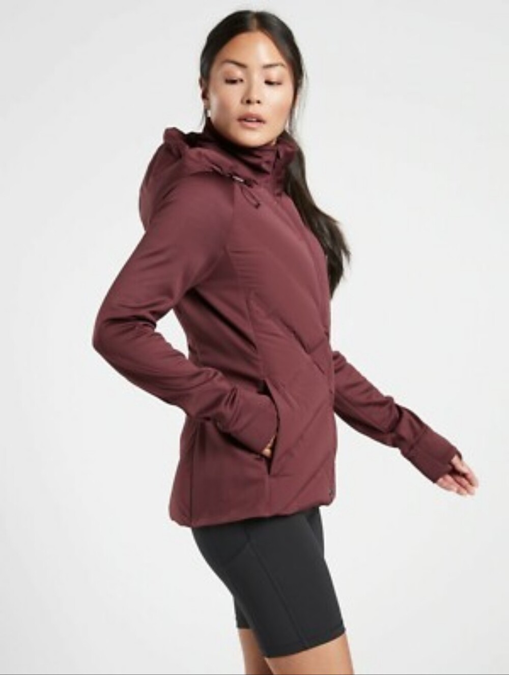 Athleta Down Feather Quilted Hooded Puffer Jacket in Deep Maroon